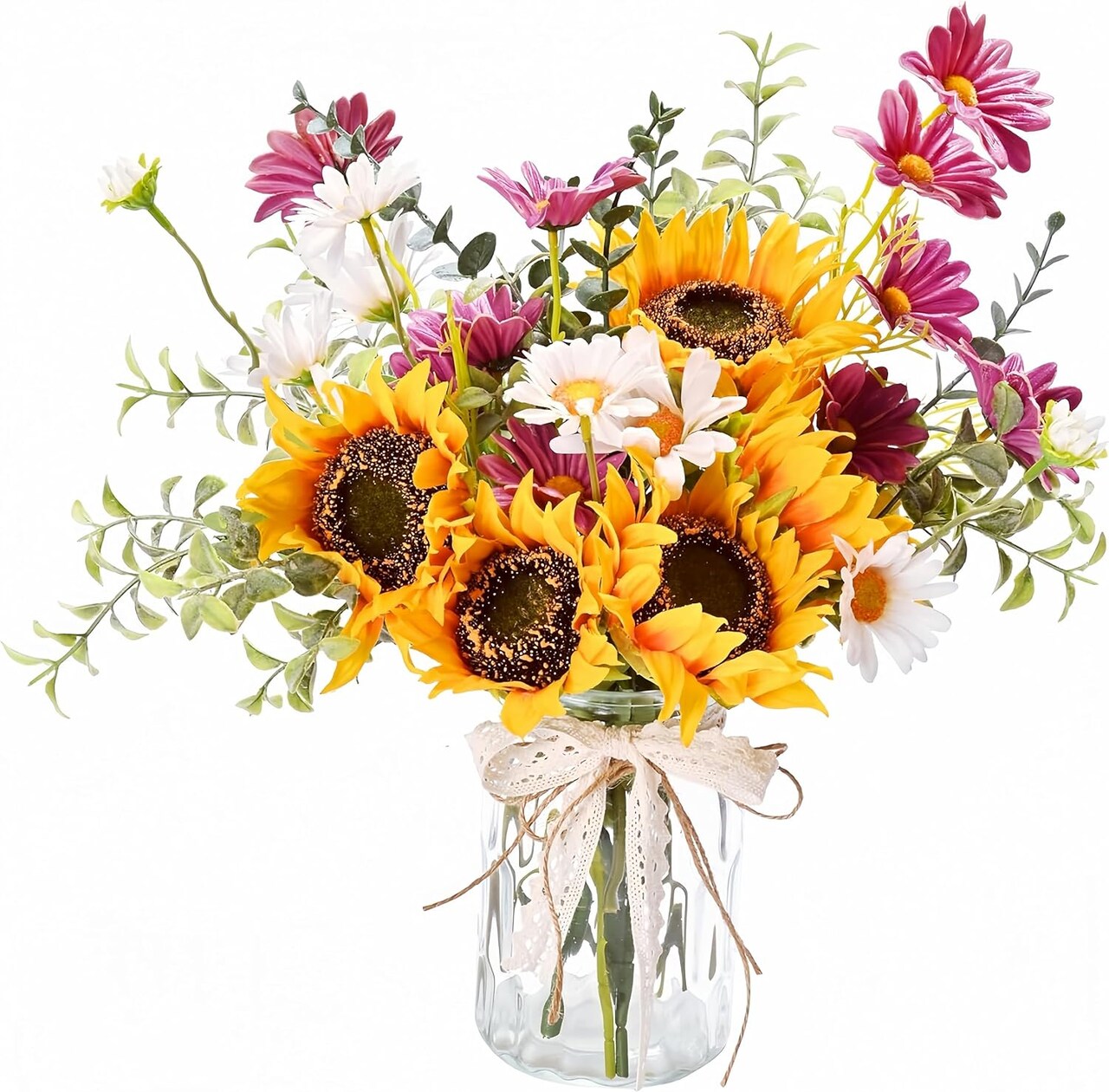 Artificial Faux Flowers in Vase for Home, Fake Flowers Arrangment with Pot, Sunflower Silk Daisy Bouquet for Fall Spring Decor Coffee Table Dinning Room Kitchen Centerpiece Table Decorations